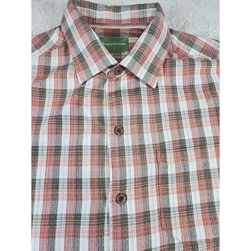 Tommy Bahama Shirt Mens L Orange Brown Plaid Silk Short Sleeve Button Up Pocket